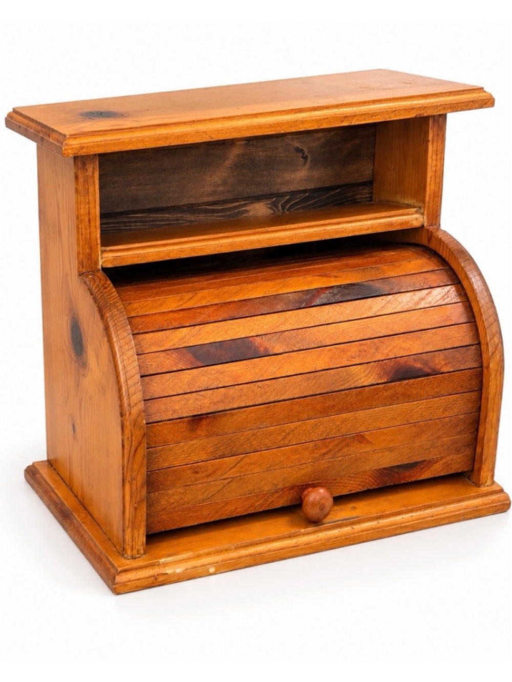 Vintage Solid Wood Roll Top Bread Box Farmhouse Kitchen Storage Shelf